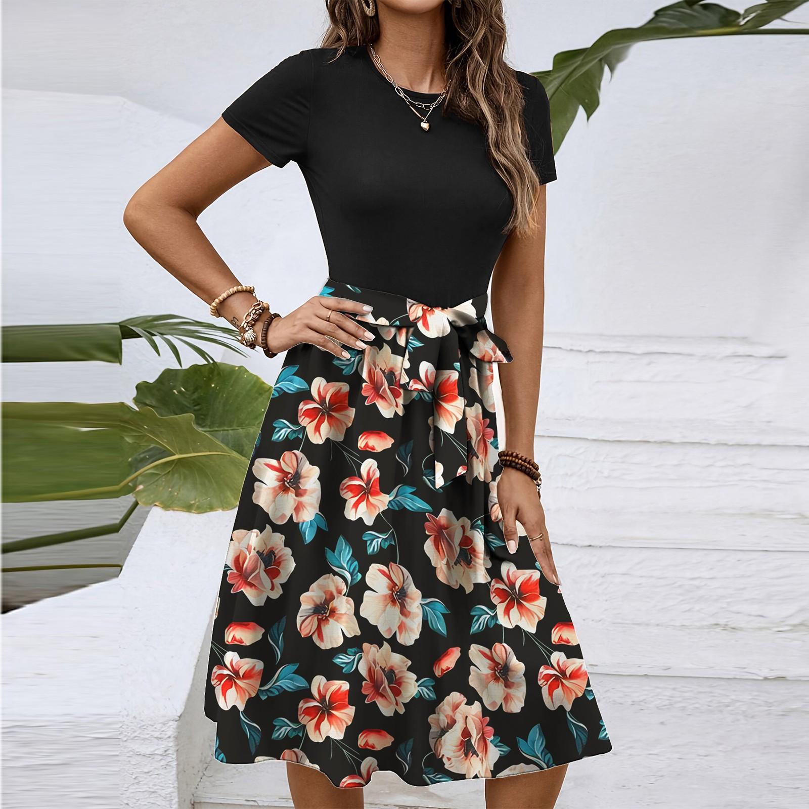 Женское модное ретро-платье с принтом и цветным поясом XXL чёрный