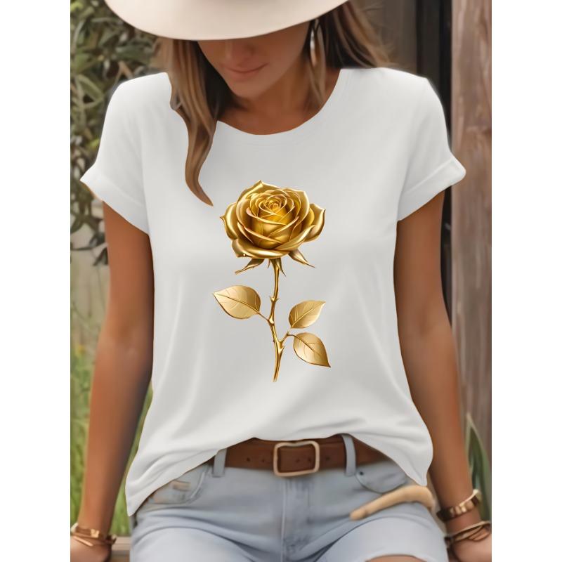 Golden rose pattern T-shirt, short-sleeved casual crew neck top, spring and summer women s clothing XL
Golden rose pattern T-shirt, short-sleeved casual crew neck top, spring and summer women s clothing XL