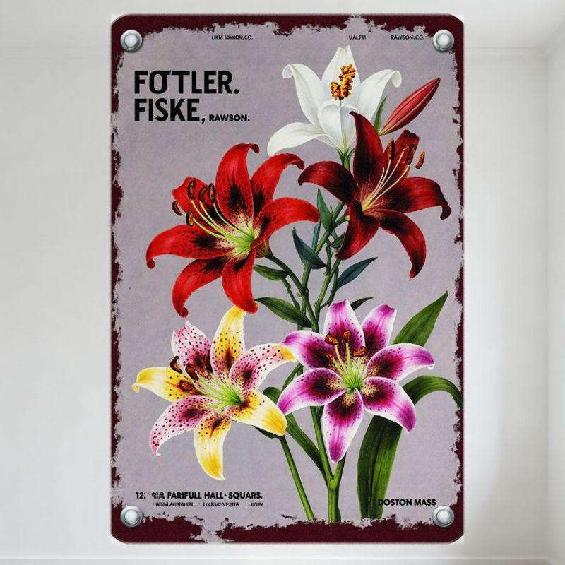 Vintage Style Metal Tin Sign with Five Lilies Illustration, Red-Brown Border & Rivets, FOTLER. FISKE, RAWSON. Text, London/Abe 20x30cm(7.8x11.8inch)
Vintage Style Metal Tin Sign with Five Lilies Illustration, Red-Brown Border & Rivets, FOTLER. FISKE, RAWSON. Text, London/Abe 20x30cm(7.8x11.8inch)