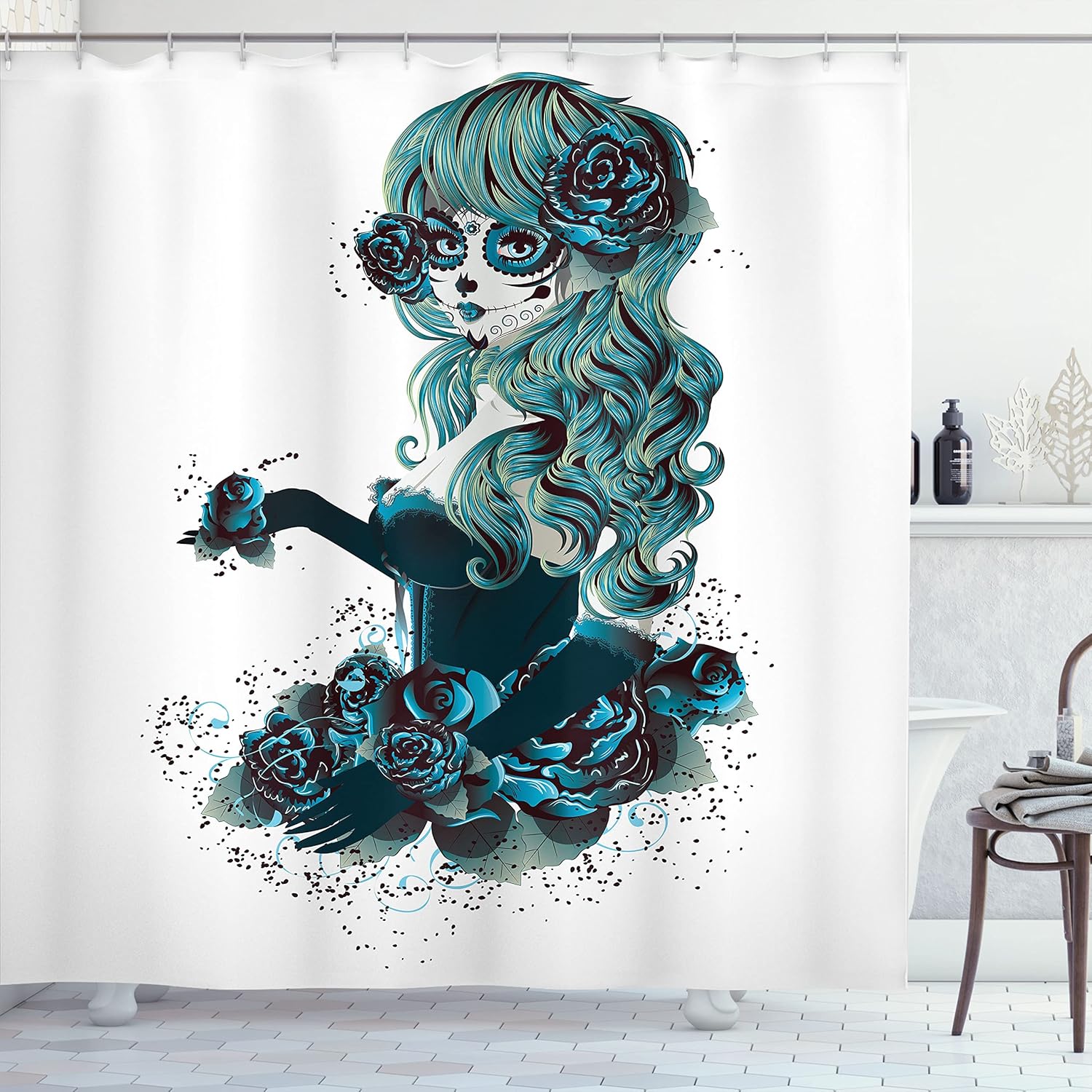 Day Of The Dead Shower Curtain Sugar Skull Girl Blue Roses Art Print Halloween Decor Waterproof Fabric Mexican Folklore Design W60H190(CM)-1 Pcs
Day Of The Dead Shower Curtain Sugar Skull Girl Blue Roses Art Print Halloween Decor Waterproof Fabric Mexican Folklore Design W60H190(CM)-1 Pcs