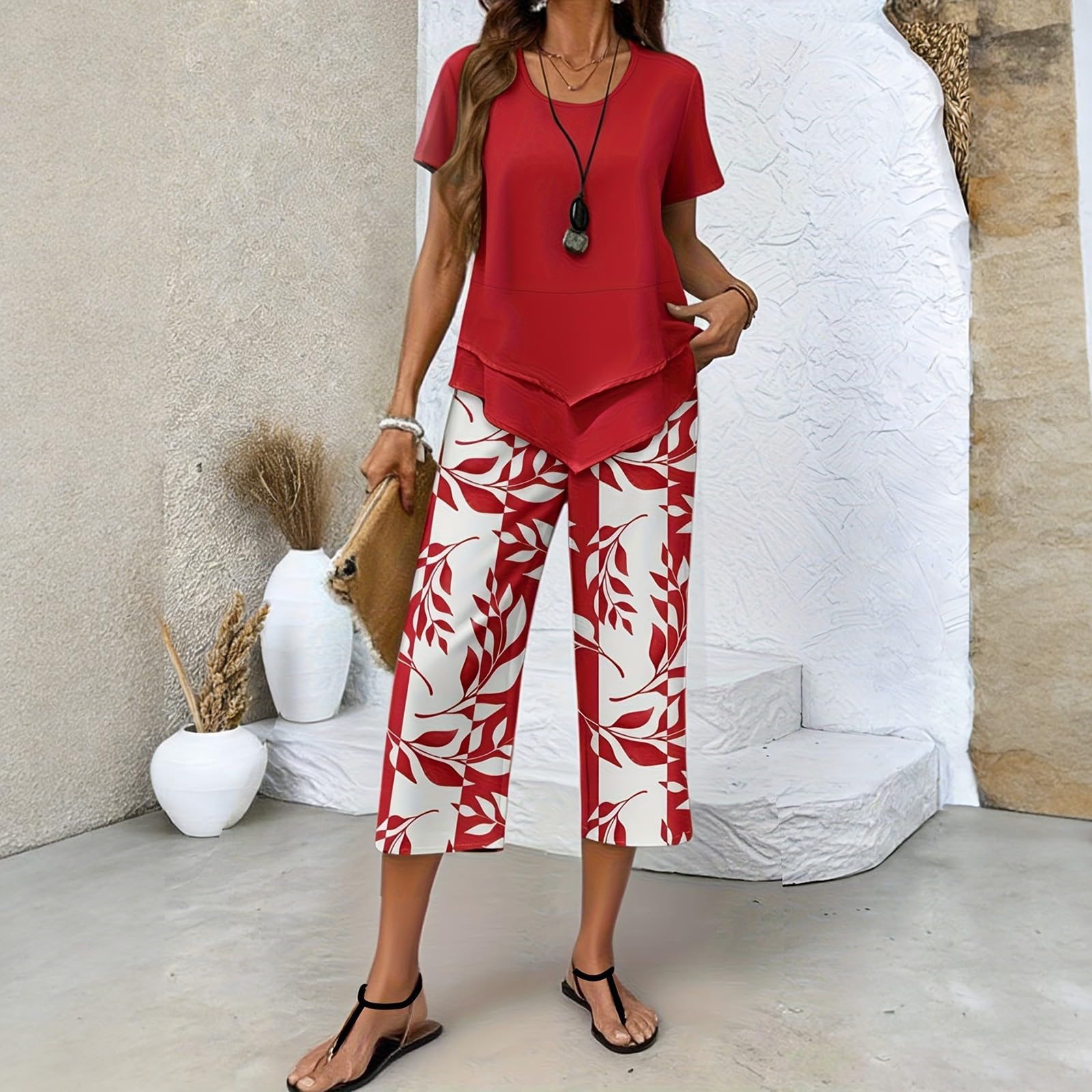 Women Two Piece Set Summer Short Sleeve Top and Wide Leg Cropped Pants Floral Print Loose Fit Casual Outfit S красный
Women Two Piece Set Summer Short Sleeve Top and Wide Leg Cropped Pants Floral Print Loose Fit Casual Outfit S красный