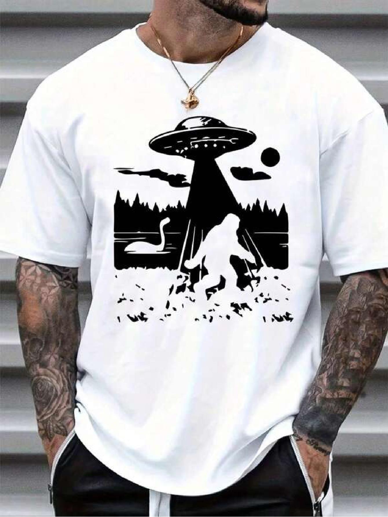 100% Cotton Unisex Crew Neck Short Sleeve T-shirt - White with Black Alien UFO & Pine Tree Graphic Print L
100% Cotton Unisex Crew Neck Short Sleeve T-shirt - White with Black Alien UFO & Pine Tree Graphic Print L