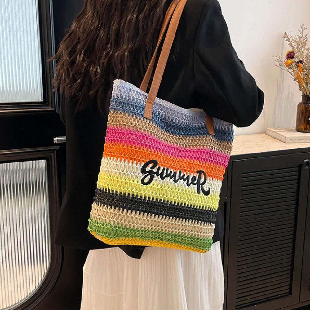 Beach Handbag Rainbow Beach Bag Bohemian Style Knitted Tote Bag Simple Strip Woven Bag Vacation Style3
Beach Handbag Rainbow Beach Bag Bohemian Style Knitted Tote Bag Simple Strip Woven Bag Vacation Style3
