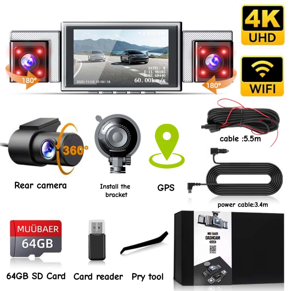 Dash Cam for Cars 4K, 4K Front+1080P Rear+1080P Left+720P Right, 3 IPS Screen, Built-in WiFi & GPS Real-Time Tracking 64G
Dash Cam for Cars 4K, 4K Front+1080P Rear+1080P Left+720P Right, 3 IPS Screen, Built-in WiFi & GPS Real-Time Tracking 64G