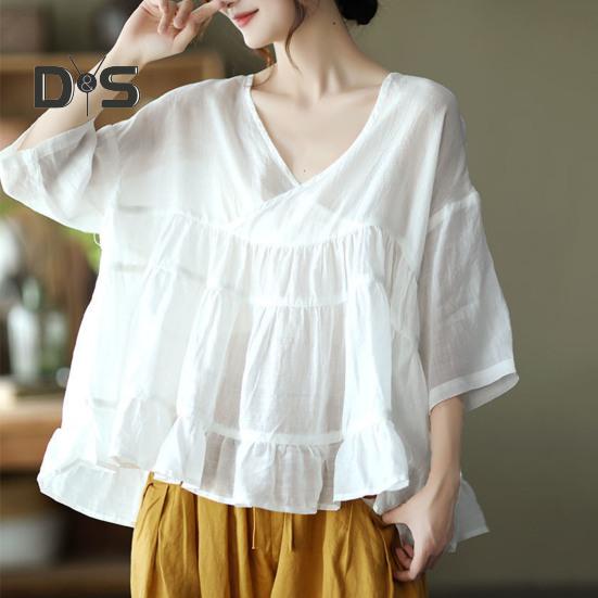 Women V neck 3/4 Sleeve Pullover Tops Ruffle Stitching Loose Hem Solid Color Casual Blouse Thin Breathable Tops Streetwear
Women V neck 3/4 Sleeve Pullover Tops Ruffle Stitching Loose Hem Solid Color Casual Blouse Thin Breathable Tops Streetwear