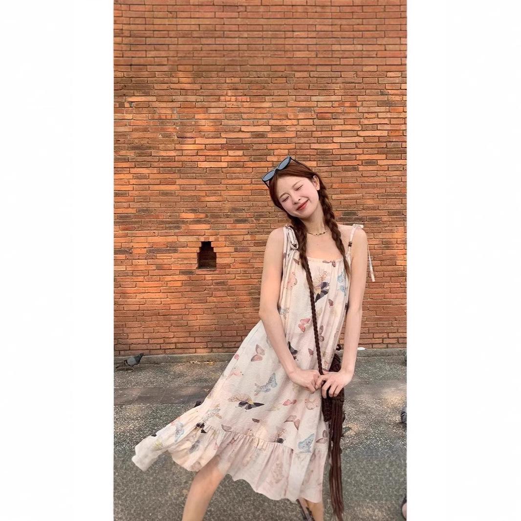 Платье-камисоль с цветочным принтом бабочек и завязками, 2024: Женское повседневное летнее платье средней длины Large