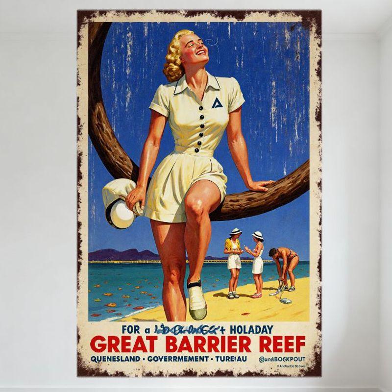 Vintage Great Barrier Reef Queensland Australia Travel Metal Tin Sign, Beach Holiday Poster with Cheerful Blonde Woman Decor for 20x30cm(7.8x11.8inch)
Vintage Great Barrier Reef Queensland Australia Travel Metal Tin Sign, Beach Holiday Poster with Cheerful Blonde Woman Decor for 20x30cm(7.8x11.8inch)