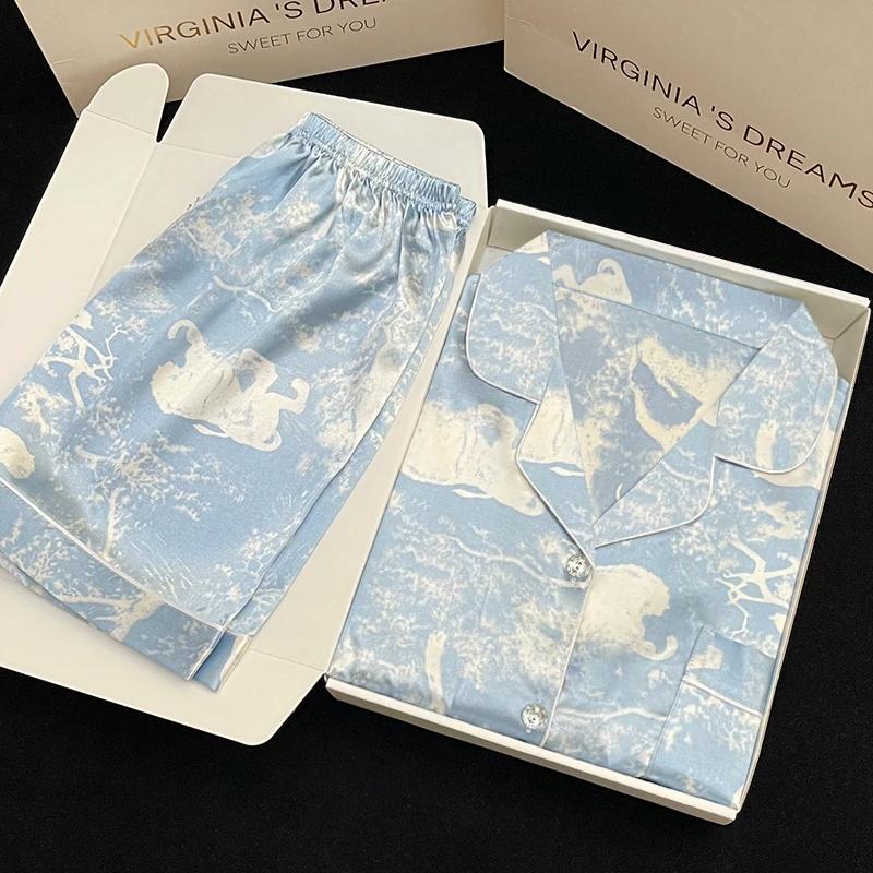 Стиль Романтический Звездная Река Тай-дай Женская Пижама Французская Элегантная Классическая Короткая Женская Домашняя Одежда Летняя XXL синий