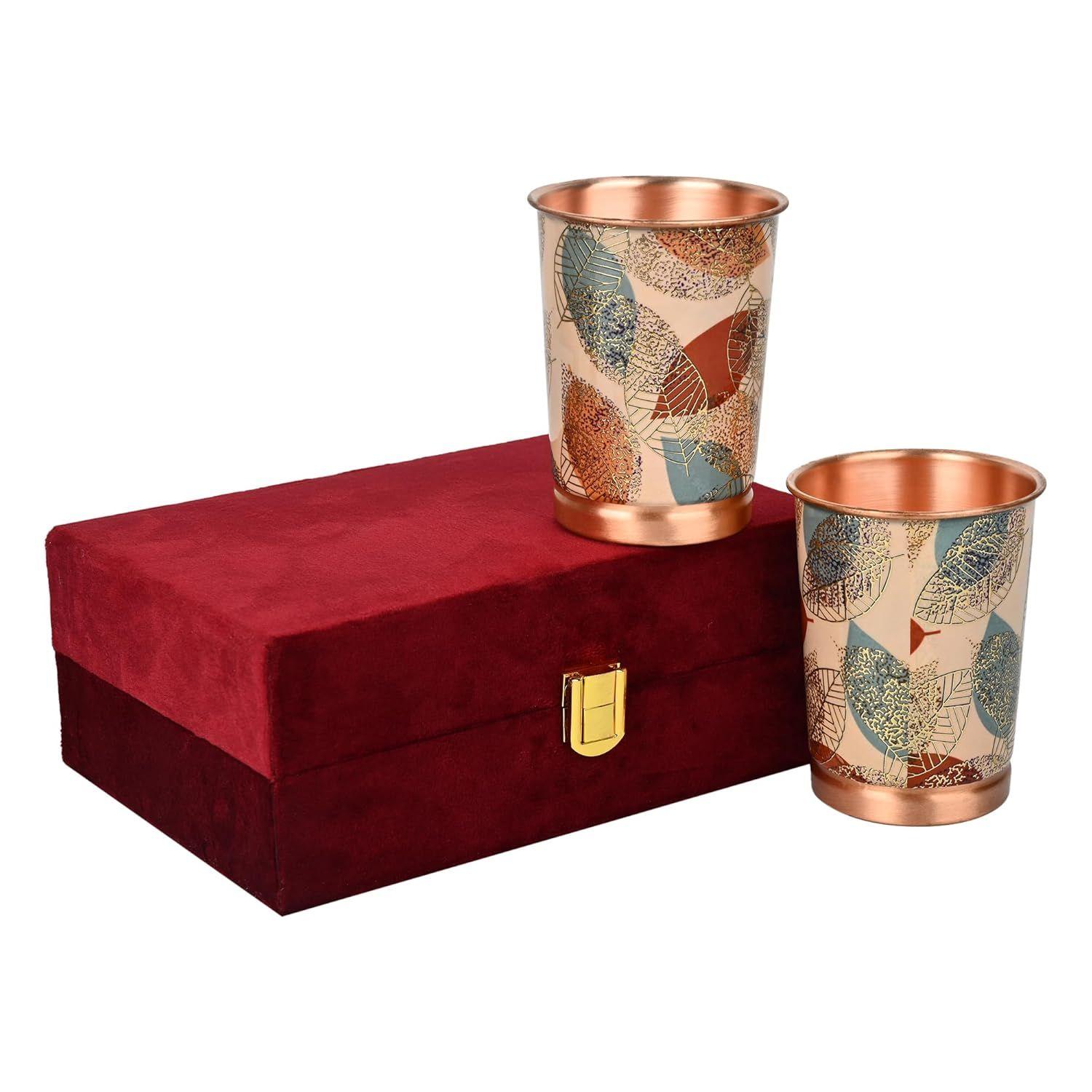 India Copper Premium Yellow Gold Leaf Design Set of Two Glass with Elegant Gift Box, 250 ML
India Copper Premium Yellow Gold Leaf Design Set of Two Glass with Elegant Gift Box, 250 ML