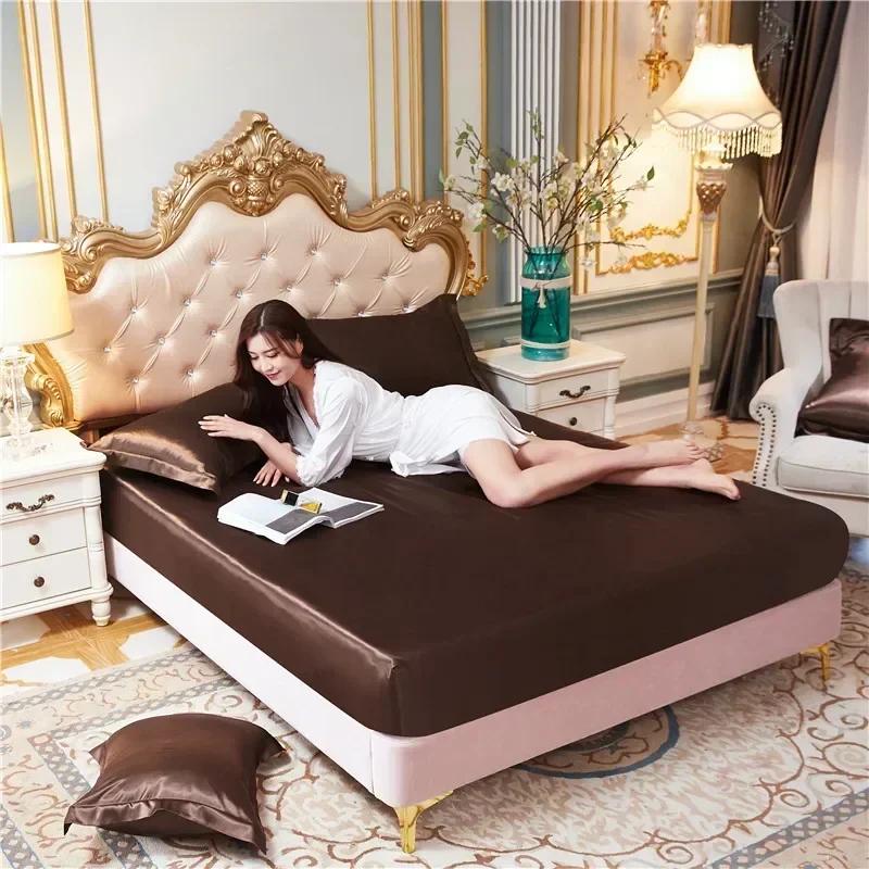 Высококачественная атласная шелковистая простыня на резинке, роскошное однотонное постельное белье для дома, односпальная, двуспальная, наволочки, эластичная лента, наматрасник, текстиль 2 pillowcase 48x74cm