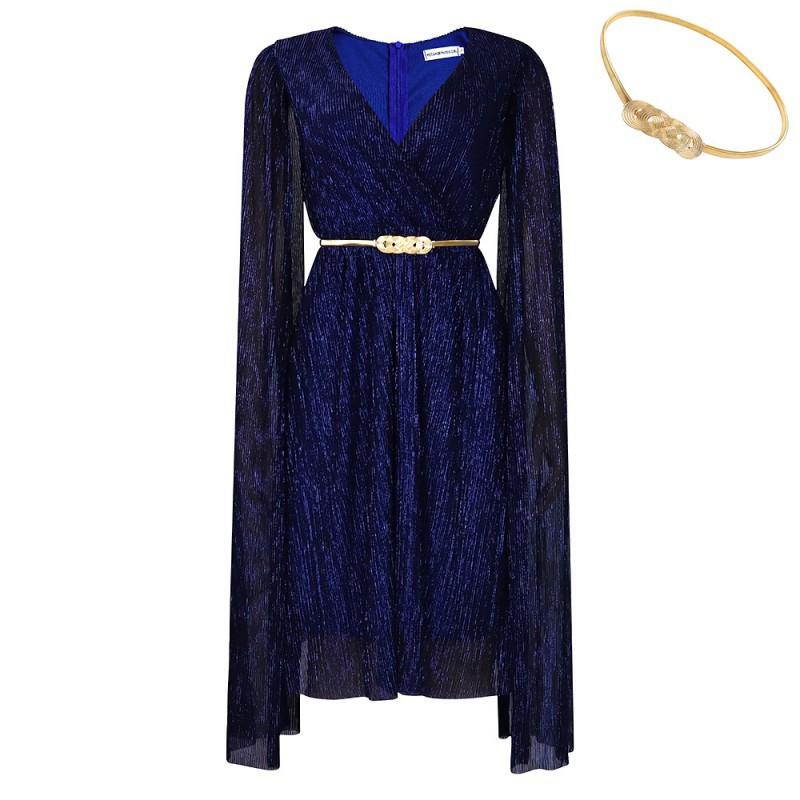 With Belt New V-neck Temperament Long-sleeved Cape Waist Dress S темно-синий
With Belt New V-neck Temperament Long-sleeved Cape Waist Dress S темно-синий