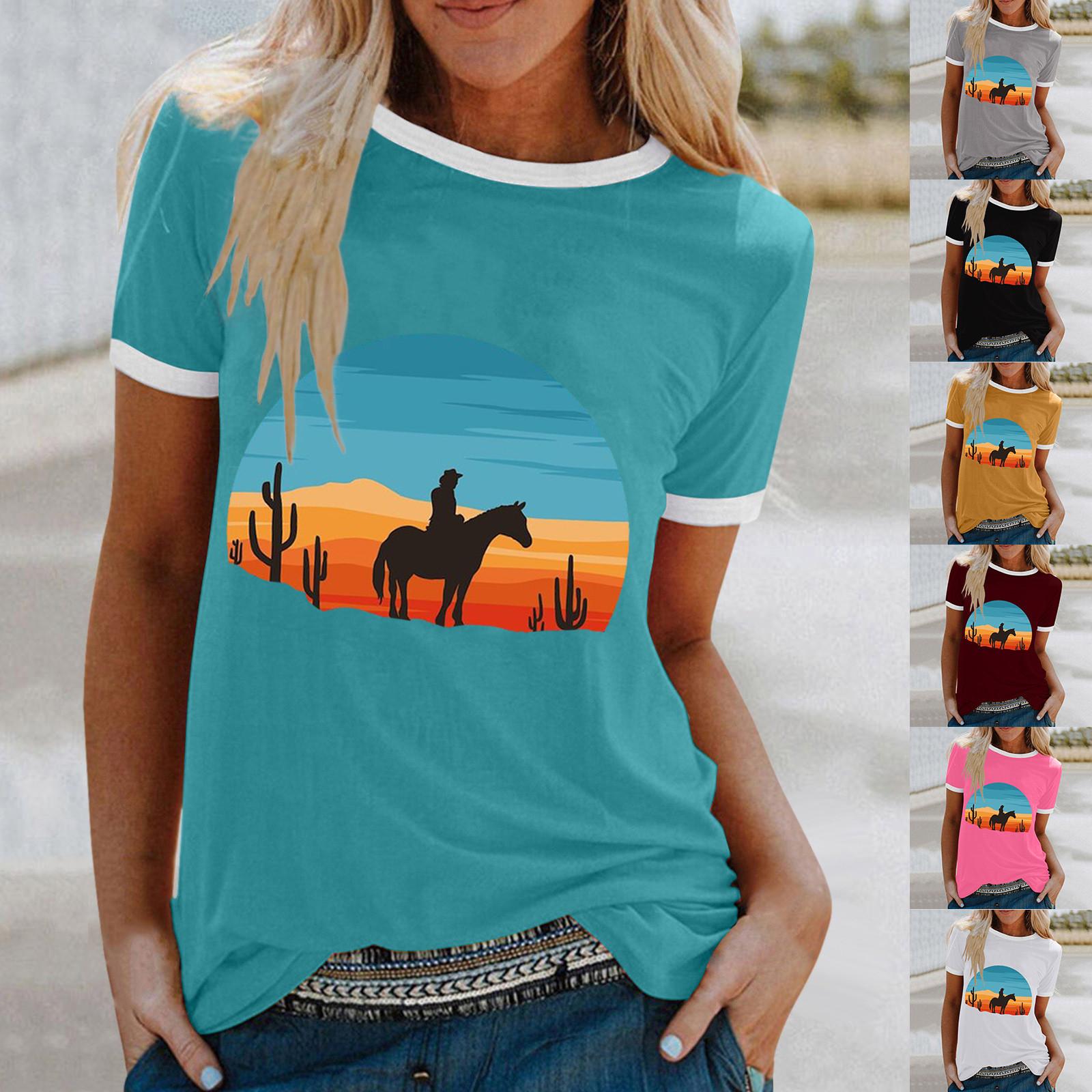 Женская милая летняя свободная рубашка с коротким рукавом и круглым вырезом спереди, с коротким рукавом и принтом 
Женская милая летняя свободная рубашка с коротким рукавом и круглым вырезом спереди, с коротким рукавом и принтом