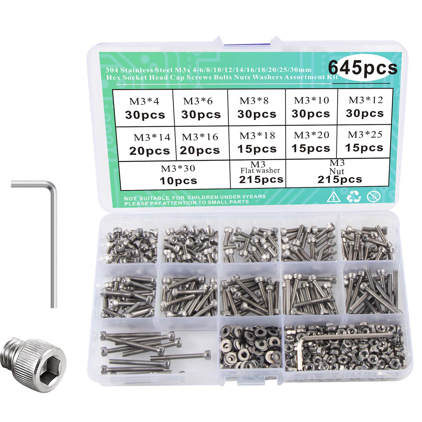 364/645Pcs M3 Hex Socket Head Cap Screws,304 Stainless Steel Hex Socket Head Cap Screws Bolts Nuts Washers Assortment Kit
364/645Pcs M3 Hex Socket Head Cap Screws,304 Stainless Steel Hex Socket Head Cap Screws Bolts Nuts Washers Assortment Kit