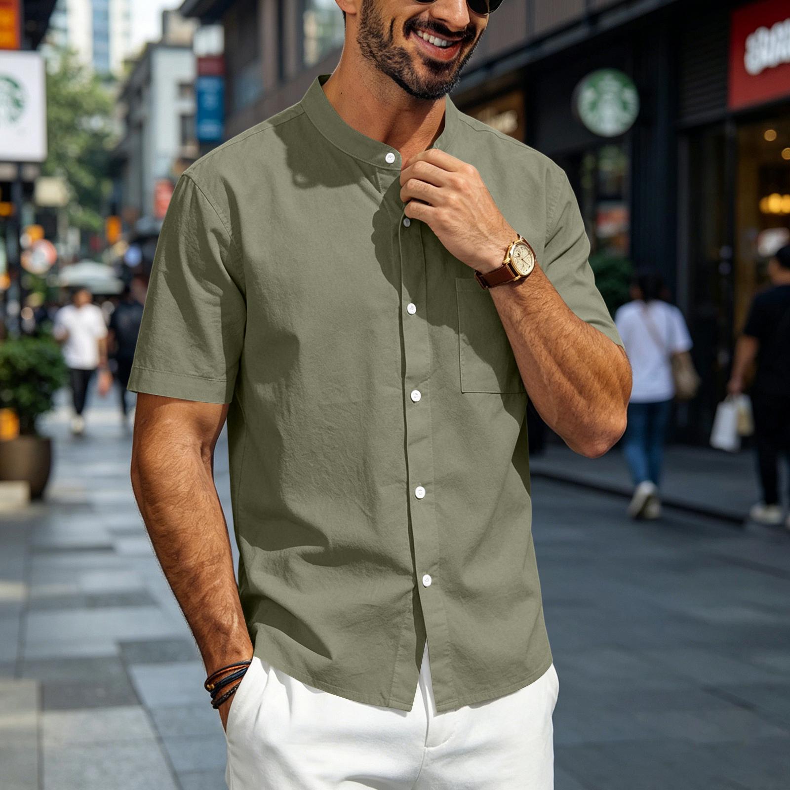 Men Linen Shirt Stand Collar Short Sleeve Button Down Casual Loose Fit Breathable Summer Top with Chest Pocket for Daily Wear XXL
Men Linen Shirt Stand Collar Short Sleeve Button Down Casual Loose Fit Breathable Summer Top with Chest Pocket for Daily Wear XXL