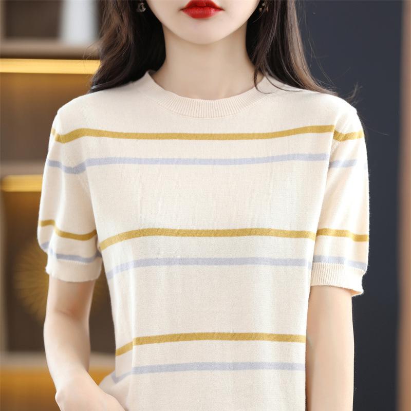 Женская летняя футболка с коротким рукавом, вязаная из чистого хлопка в полоску, с круглым вырезом, свободного кроя, облегающая, с цветными блоками, с рукавом до локтя XXL
Женская летняя футболка с коротким рукавом, вязаная из чистого хлопка в полоску, с круглым вырезом, свободного кроя, облегающая, с цветными блоками, с рукавом до локтя XXL