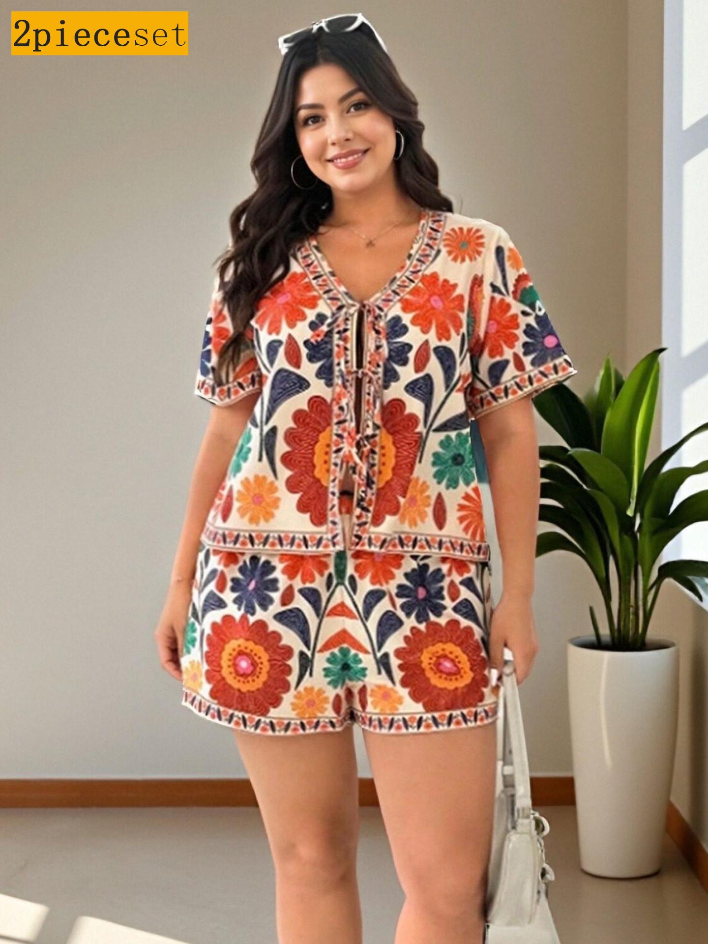 Plus Size Bohemian Spring/Summer Two-Piece Set: Short-Sleeved Cardigan Top & Shorts for Women 0XL квітковий
Plus Size Bohemian Spring/Summer Two-Piece Set: Short-Sleeved Cardigan Top & Shorts for Women 0XL квітковий