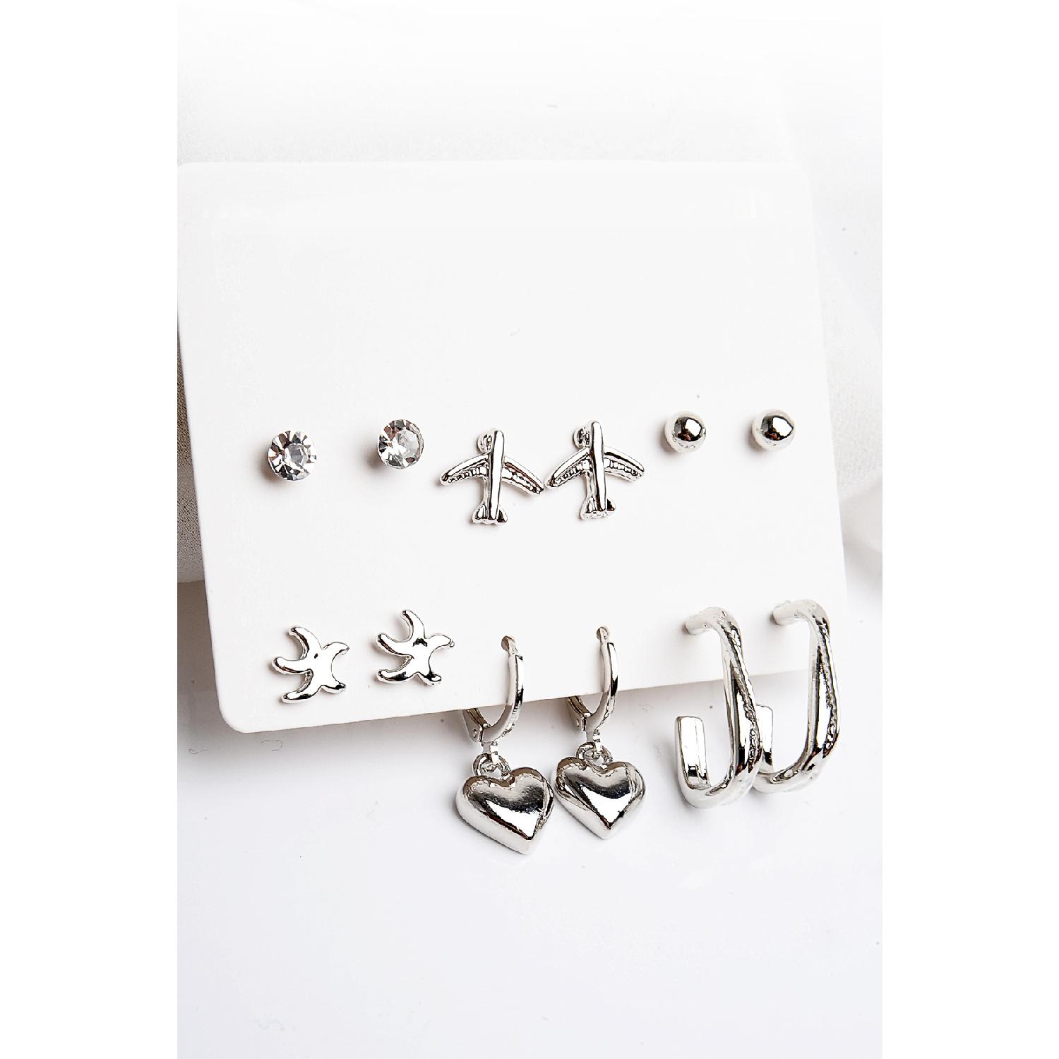 Набор из 6 серег унисекс с сердечками, звездами и фигурками самолетов, пасьянсом-кольцом серебряного цвета и серьгами-шариками
Набор из 6 серег унисекс с сердечками, звездами и фигурками самолетов, пасьянсом-кольцом серебряного цвета и серьгами-шариками