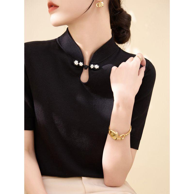 Летняя футболка из лиоцелла Tencel с коротким рукавом, ледяной шелк, тонкая, в новом китайском стиле, ципао, застежка-лягушка, маленький воротник-стойка, трикотажный топ Black M
Летняя футболка из лиоцелла Tencel с коротким рукавом, ледяной шелк, тонкая, в новом китайском стиле, ципао, застежка-лягушка, маленький воротник-стойка, трикотажный топ Black M