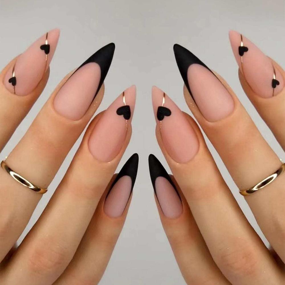 Nude Black French False Nails, Almond Press On Nails with Matte Heart & Gold Accents United States
Nude Black French False Nails, Almond Press On Nails with Matte Heart & Gold Accents United States