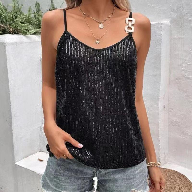 Solid Color V-neck Glitter Loose T-shirt Solid Color and V-neck Sequins Loose-Fitting T-shirt Women Black M
Solid Color V-neck Glitter Loose T-shirt Solid Color and V-neck Sequins Loose-Fitting T-shirt Women Black M