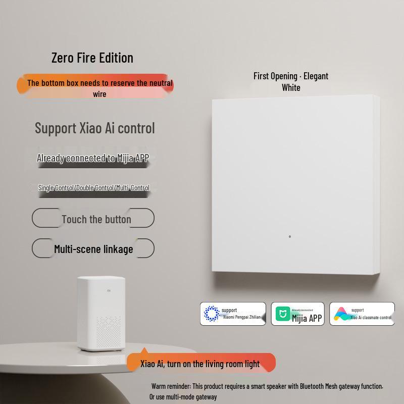 Compatible with Mijia APP for smart control, featuring Bluetooth mesh 2.0, two-way control, single/zero-fire support, and voice activation.
Compatible with Mijia APP for smart control, featuring Bluetooth mesh 2.0, two-way control, single/zero-fire support, and voice activation.