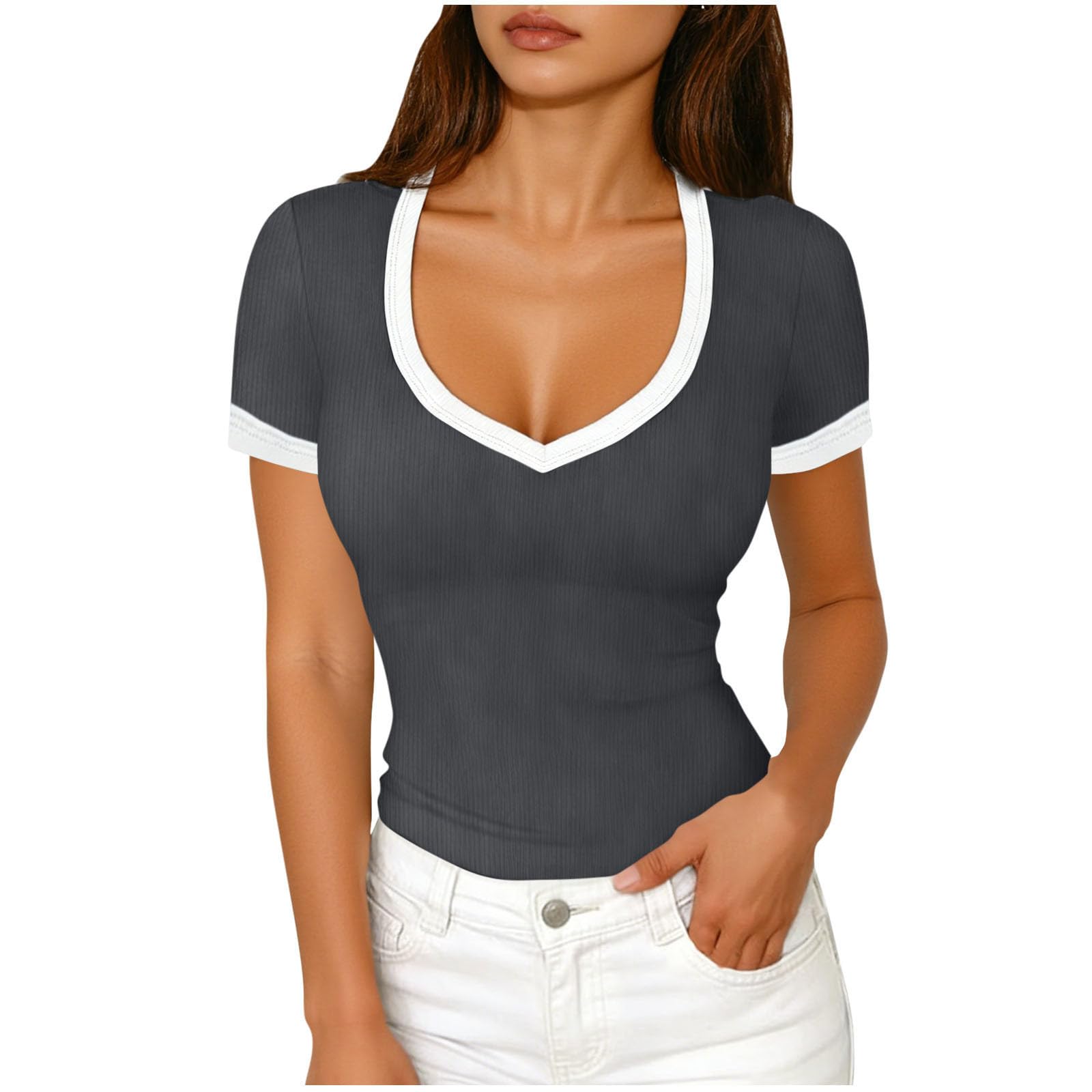 Women Short Sleeve V Neck Fitted T Shirt Trim Ribbed Knit Top for Casual Daily Wear S to XL XL
Women Short Sleeve V Neck Fitted T Shirt Trim Ribbed Knit Top for Casual Daily Wear S to XL XL