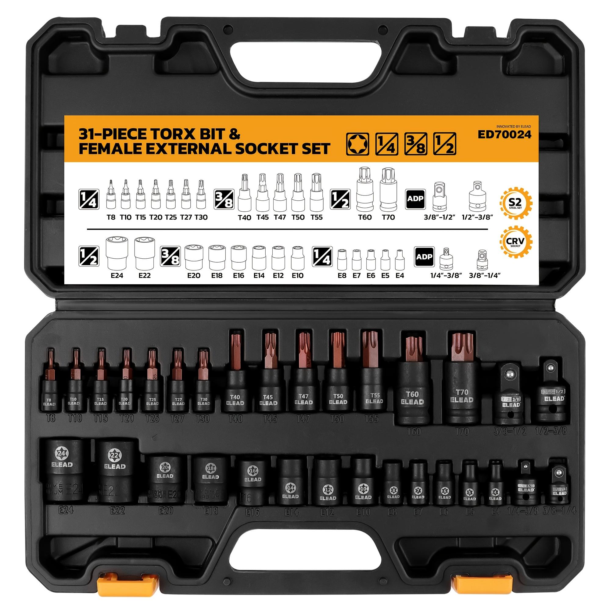 31pcs Torx & Star Socket Set Chrome Vanadium Steel S2 Alloy Bits E-Torx & T-Square High Torque Rust & Stain Resistant Painted Finish 31 Piece чорний
31pcs Torx & Star Socket Set Chrome Vanadium Steel S2 Alloy Bits E-Torx & T-Square High Torque Rust & Stain Resistant Painted Finish 31 Piece чорний