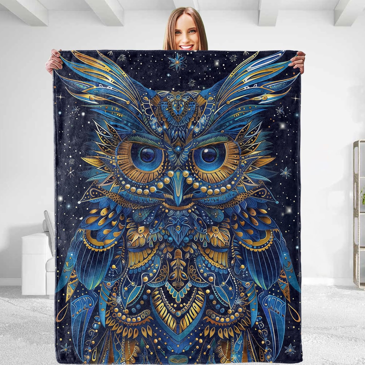 Owl blanket cosmic design blue gold pattern mystical art soft throw boho decor bedroom textile spiritual home accessory 75x90cm
Owl blanket cosmic design blue gold pattern mystical art soft throw boho decor bedroom textile spiritual home accessory 75x90cm