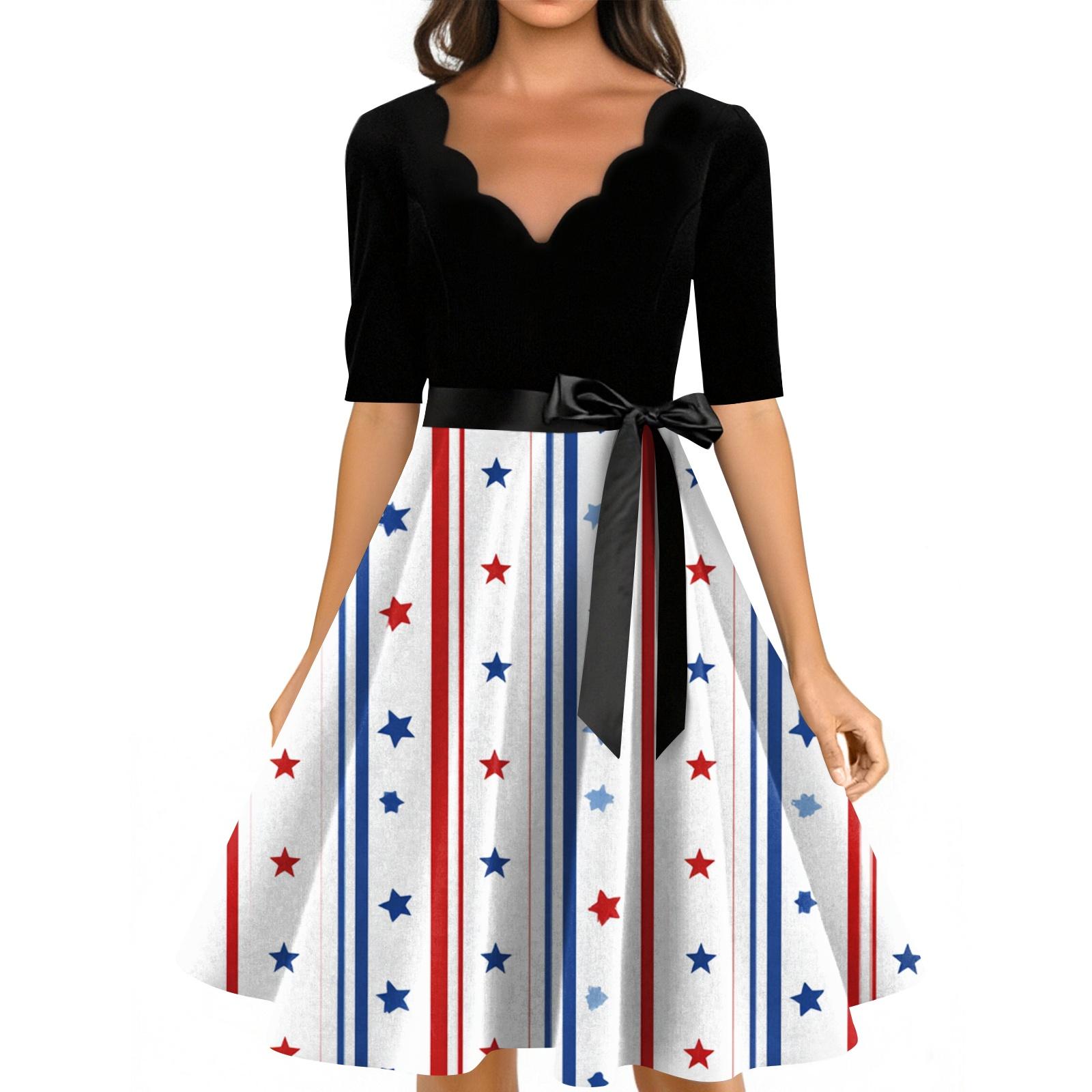 Women s Casual Fashion V-neck Retro Short-sleeved Dress With Flag Independence Day Print M
Women s Casual Fashion V-neck Retro Short-sleeved Dress With Flag Independence Day Print M