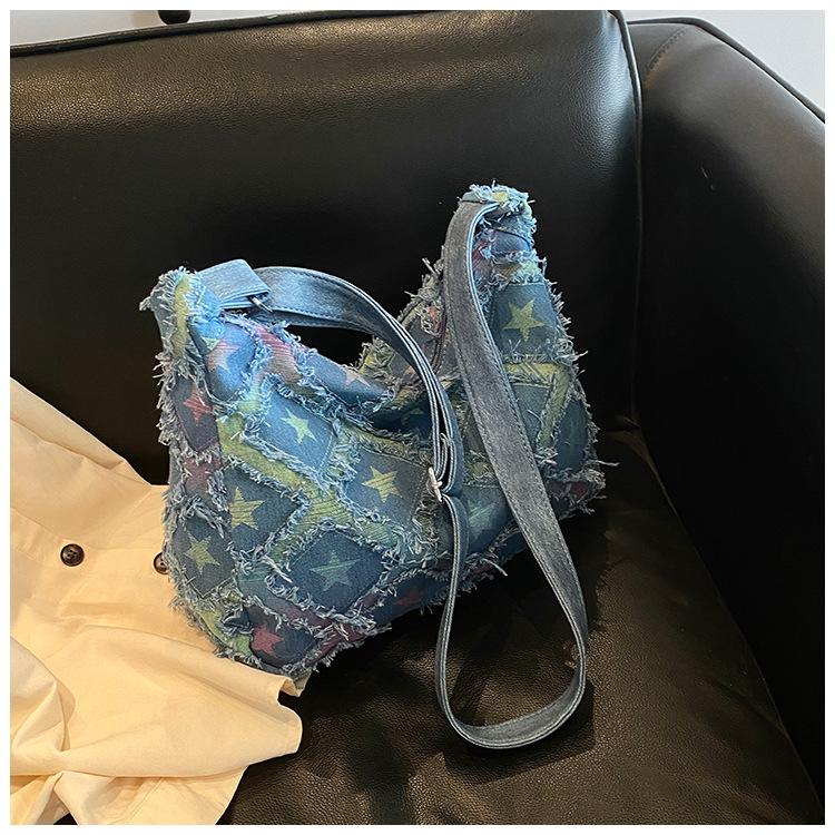 Джинсовая сумка большой вместимости 2025 новая легкая клетчатая сумка через плечо простая сумка-тоут ручная большая сумка