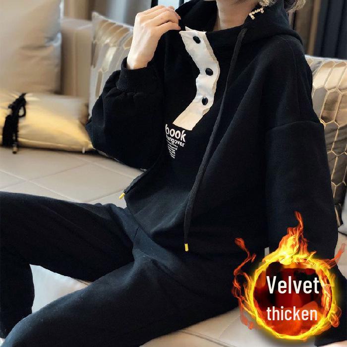 Утолщенный плюшевый женский повседневный спортивный костюм из двух частей с капюшоном больших размеров для осени/зимы XL чёрный
Утолщенный плюшевый женский повседневный спортивный костюм из двух частей с капюшоном больших размеров для осени/зимы XL чёрный