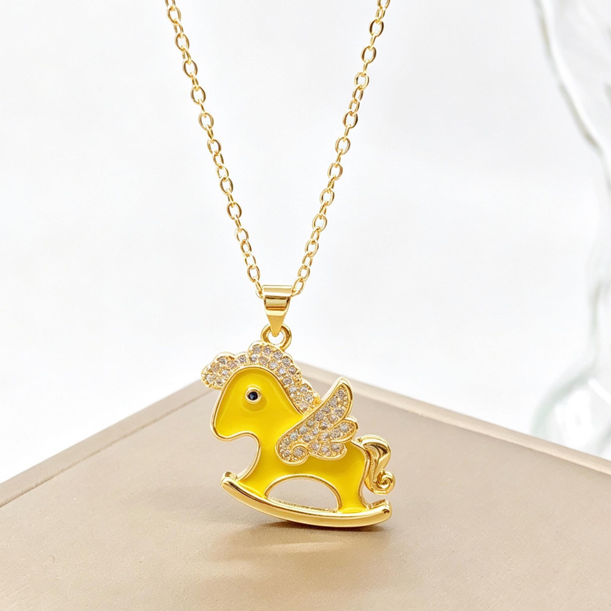 Gold Plated Cute Enamel Rocking Horse Pendant Necklace Zircon Winged Unicorn Necklace For Women Kids Party Birthday Zircon Gift
Gold Plated Cute Enamel Rocking Horse Pendant Necklace Zircon Winged Unicorn Necklace For Women Kids Party Birthday Zircon Gift