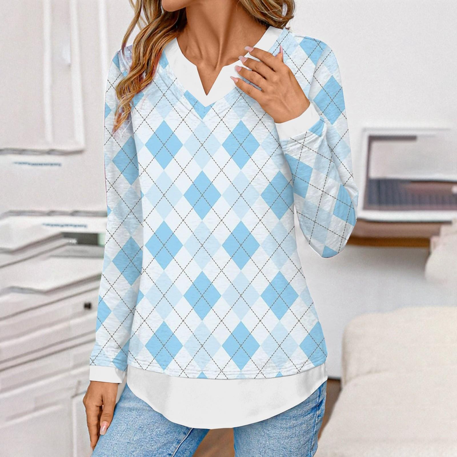 Женские топы Однотонные топы Многослойные топы с v-образным вырезом Осенние топы обычного цвета Женские однотонные топы XL синий