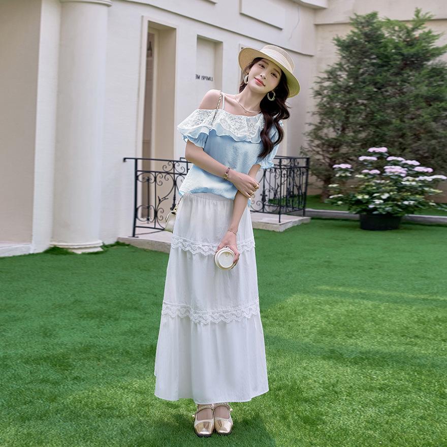 Летний новый милый кружевной топ с открытыми плечами и оборками, костюм с юбкой с высокой талией, женский XXL синий
Летний новый милый кружевной топ с открытыми плечами и оборками, костюм с юбкой с высокой талией, женский XXL синий