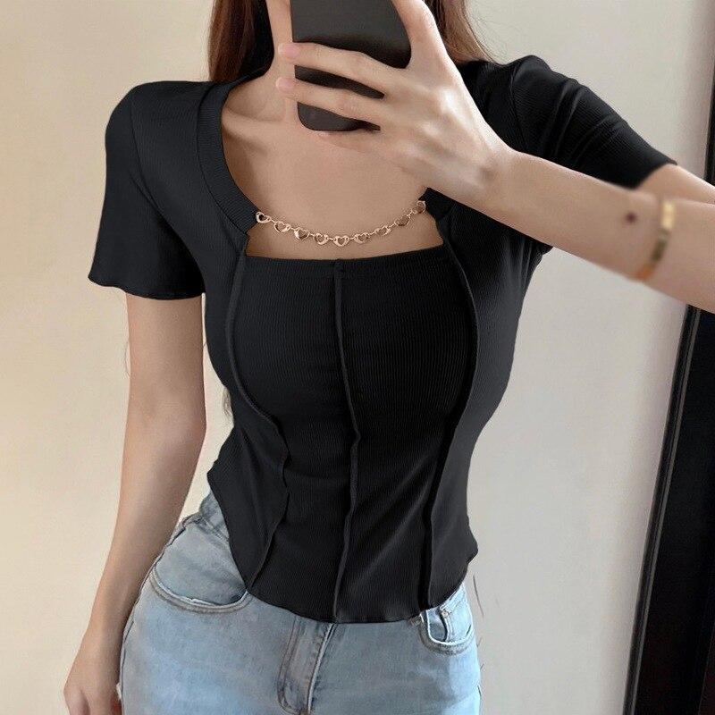 Необычная футболка с короткими рукавами для женщин, летние сексуальные топы с цепочкой M
Необычная футболка с короткими рукавами для женщин, летние сексуальные топы с цепочкой M