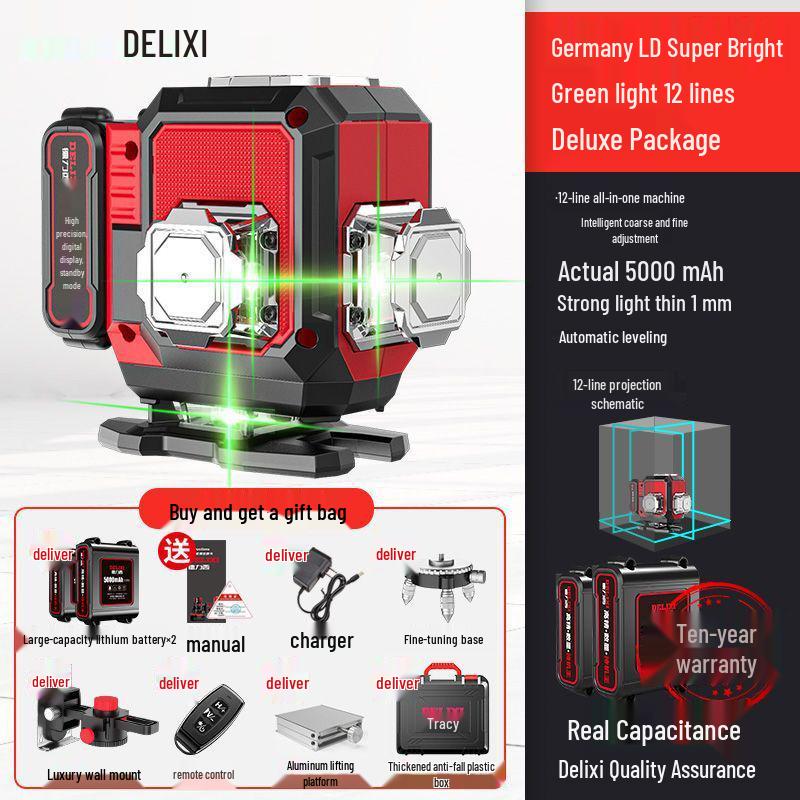 Delixi 12-Line High Precision Green Laser Level with Infrared, Automatic Strong Light, Digital Display, Wall-Mounted Spirit Level.
Delixi 12-Line High Precision Green Laser Level with Infrared, Automatic Strong Light, Digital Display, Wall-Mounted Spirit Level.