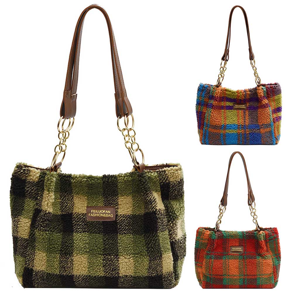 Women Trendy Tote Bag Plaid Pattern Plush Fashion Handbag Underarm Bag Shopping Bag for Autumn and Winter 
Women Trendy Tote Bag Plaid Pattern Plush Fashion Handbag Underarm Bag Shopping Bag for Autumn and Winter
