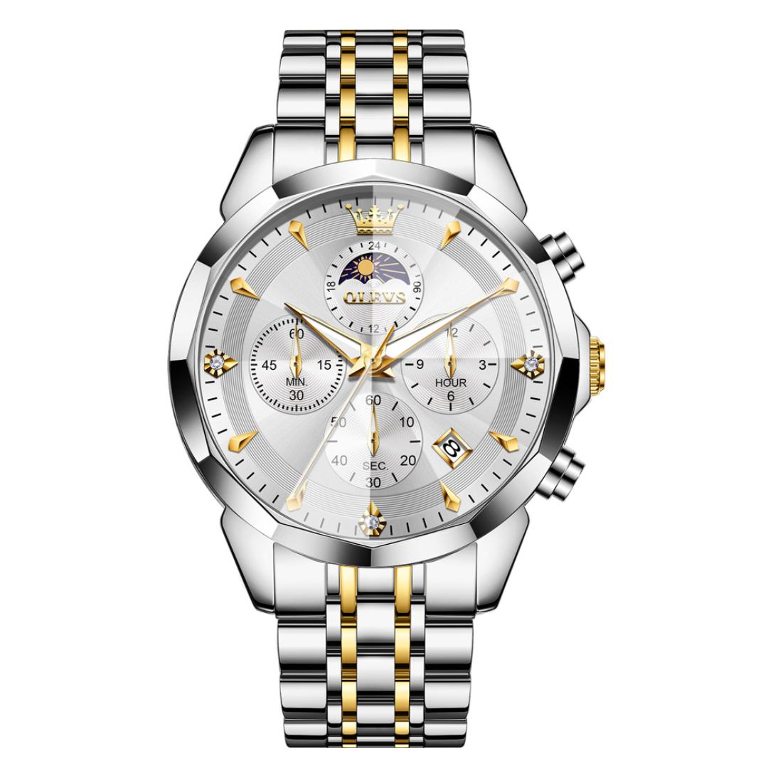 Мужские часы с хронографом и фазами Луны, кварцевые часы из нержавеющей стали с подсветкой, римскими шкалами и датой белый/золотой
Мужские часы с хронографом и фазами Луны, кварцевые часы из нержавеющей стали с подсветкой, римскими шкалами и датой белый/золотой