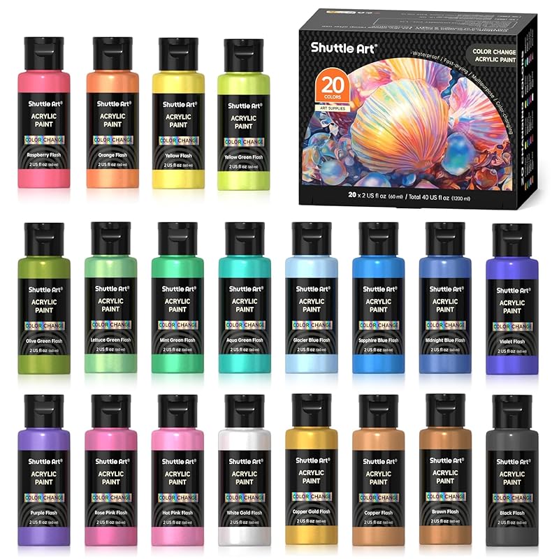 Shuttle Art acrylic paint chameleon color 20 color set rainbow color pearl color Sparkling iridescence quick drying waterproof Durability 60ml large
Shuttle Art acrylic paint chameleon color 20 color set rainbow color pearl color Sparkling iridescence quick drying waterproof Durability 60ml large