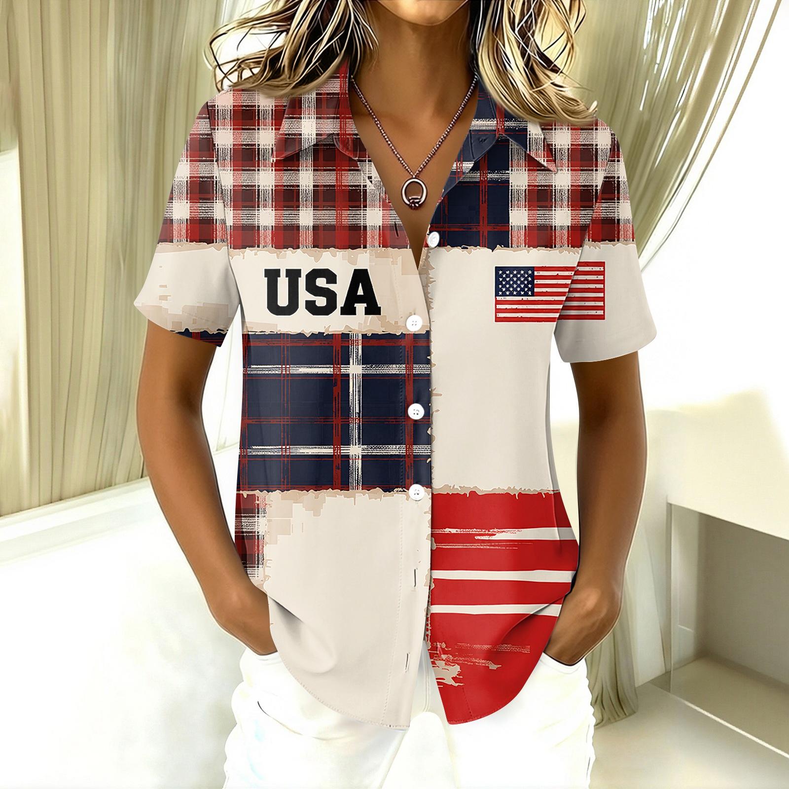 Women Short Sleeve Button Down Casual Shirt with Patchwork Print USA Lettering Embroidery and Collared Neckline for Everyday Wear L бежевый
Women Short Sleeve Button Down Casual Shirt with Patchwork Print USA Lettering Embroidery and Collared Neckline for Everyday Wear L бежевый
