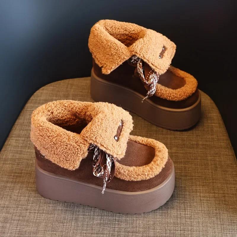7,5 см синтетическая замша натуральная кожа вулканизированная ботильоны женские зимние плюшевые теплые на платформе танкетке модная весенняя обувь осень 34 коричневый