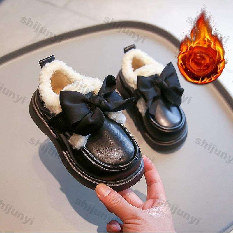 Зимняя теплая детская обувь, зимние ботинки для девочек 2025, новые, нескользящие, удобные, плюшевые, водонепроницаемые, милые, из ПУ кожи, модные хлопковые ботинки 23 чёрный