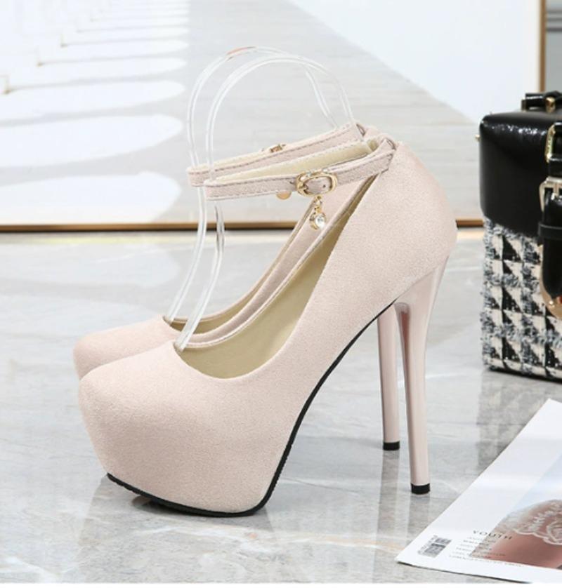 Модные Сексуальные Летние Женские Туфли-Лодочки Стразы Флок 12СМ 14см Тонкий Высокий Каблук Круглый Носок Ремешок с Пряжкой Шпилька Вечерние Свадебные Туфли 40