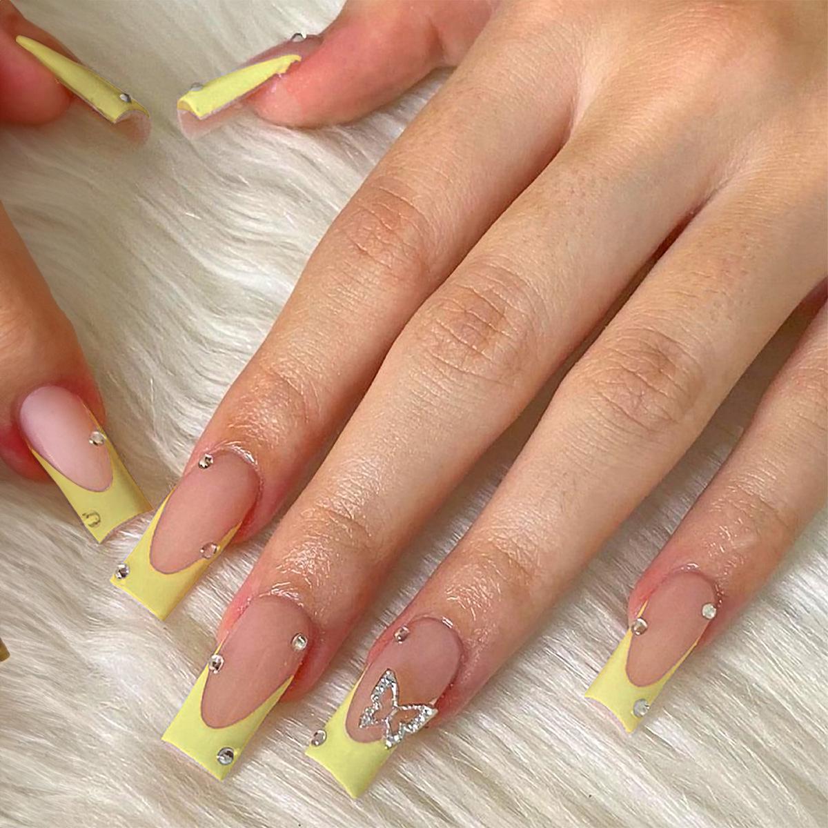 Yellow French Edge Medium Tube Nail Tips with Rhinestone Butterflies - Rectangular False Nails
Yellow French Edge Medium Tube Nail Tips with Rhinestone Butterflies - Rectangular False Nails