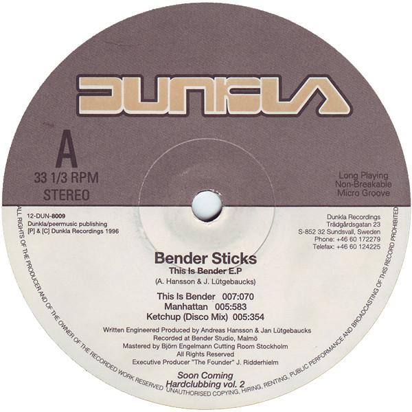 12inch Record BENDER STICKS - This Is Bender E.P 12DUN8009 Dunkla Recordin 1996 Sweden Dance & Electronica Used
12inch Record BENDER STICKS - This Is Bender E.P 12DUN8009 Dunkla Recordin 1996 Sweden Dance & Electronica Used
