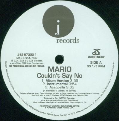 12inch Record MARIO - Couldn t Say No / Call The Cops / H J12672001PROMO J Records 2005 US Rap & Hip-Hop/R&B Used
12inch Record MARIO - Couldn t Say No / Call The Cops / H J12672001PROMO J Records 2005 US Rap & Hip-Hop/R&B Used