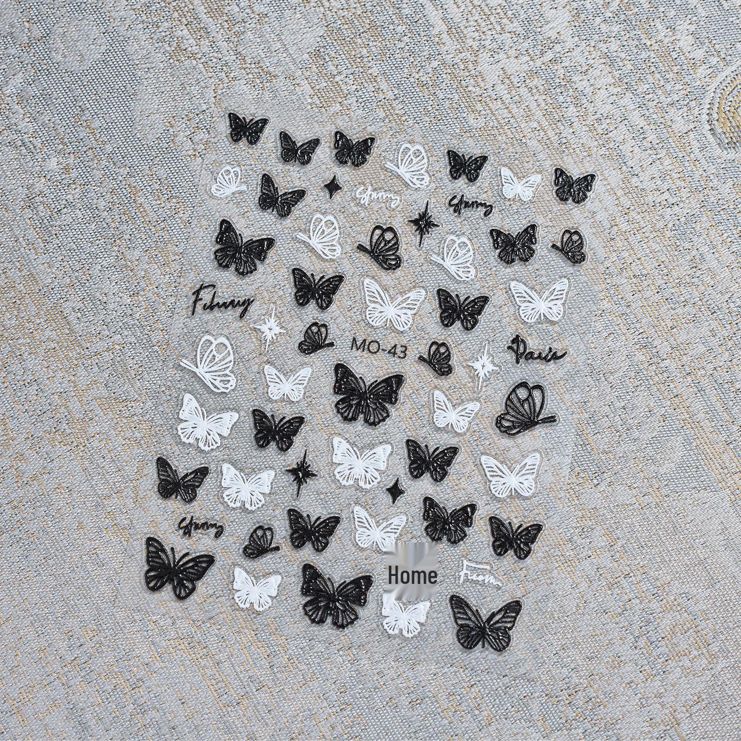 3D Black & White Embossed Butterfly Nail Art Stickers with Starry Wings & Hollow Design
3D Black & White Embossed Butterfly Nail Art Stickers with Starry Wings & Hollow Design