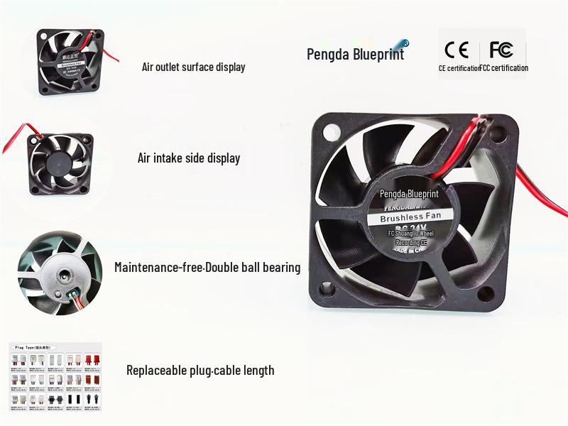 Pengda Blueprint 5025 DC Double Ball Bearing Fan, 24V/12V, Large Air Volume, 50x25MM Heat Dissipation. Specify other lengths or plugs in order notes
Pengda Blueprint 5025 DC Double Ball Bearing Fan, 24V/12V, Large Air Volume, 50x25MM Heat Dissipation. Specify other lengths or plugs in order notes