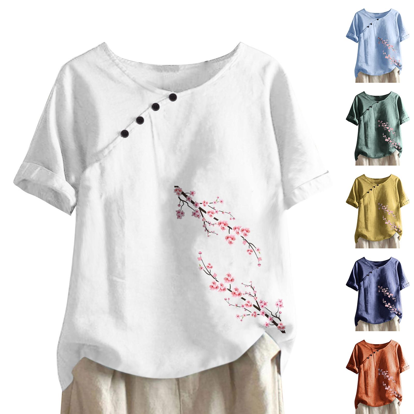 Рубашки для женщин, повседневные летние топы большого размера из хлопка и льна с круглым вырезом и короткими рукавами, с принтом на пуговицах
Рубашки для женщин, повседневные летние топы большого размера из хлопка и льна с круглым вырезом и короткими рукавами, с принтом на пуговицах
