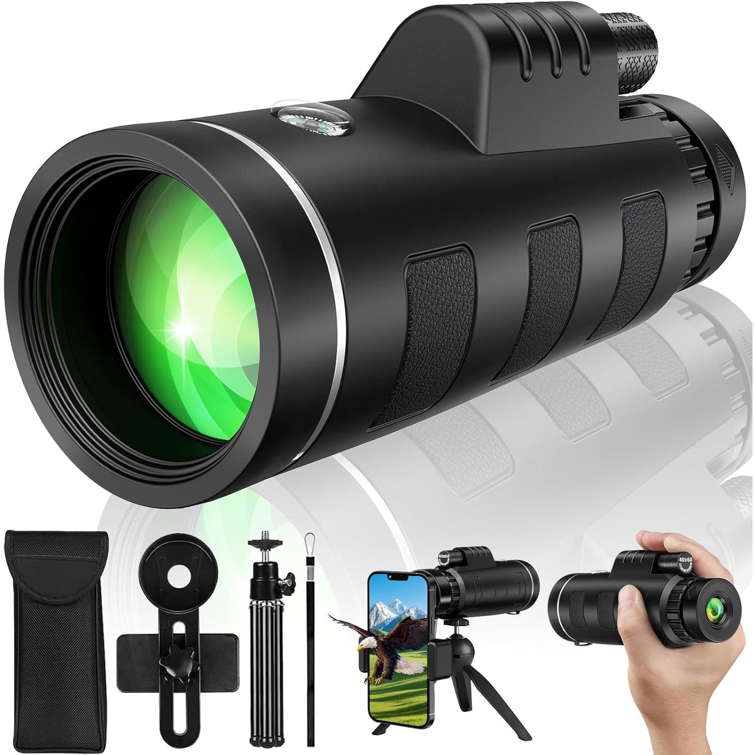 40x60 Monocular Telescope with Smartphone Adapter and Telescope Case High Powered Monocular, Compact Monocular for Wildlife, Hunting, Camping, Travel чорний
40x60 Monocular Telescope with Smartphone Adapter and Telescope Case High Powered Monocular, Compact Monocular for Wildlife, Hunting, Camping, Travel чорний
